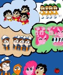 Size: 500x591 | Tagged: safe, artist:ardenttomatostudio, pinkie pie, earth pony, gem (race), human, hybrid, pony, g4, season 3, too many pinkie pies, clone, crossover, dipper clones, dipper pines, double dipper, female, gravity falls, male, multeity, pinkie clone, quattro pines, steven and the stevens, steven four, steven quartz universe, steven three, steven two, steven universe, the wanders, thought bubble, thoughts, too much pink energy is dangerous, tracey pines, tyrone pines, wander (wander over yonder), wander over yonder