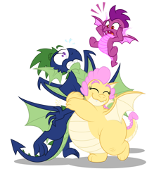 Size: 1280x1459 | Tagged: safe, artist:aleximusprime, oc, oc:buttercream the dragon, oc:penny the dragon, oc:percy the dragon, dragon, flurry heart's story, bear hug, cute, dragoness, eye bulging, eyes closed, fat, female, flying, hug, in pain, male, shocked, siblings, simple background, super dragon warriors, transparent background