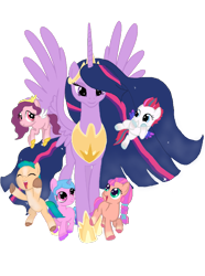 Size: 1229x1655 | Tagged: safe, artist:oljapisanik, hitch trailblazer, izzy moonbow, pipp petals, sunny starscout, twilight sparkle, zipp storm, alicorn, earth pony, pegasus, pony, unicorn, g4, g5, my little pony: a new generation, the last problem, colt, colt hitch trailblazer, female, filly, filly izzy moonbow, filly pipp petals, filly sunny starscout, filly zipp storm, flying, horn, male, mane five, mare, older, older twilight, older twilight sparkle (alicorn), princess twilight 2.0, simple background, sunny and her heroine, transparent background, twilight sparkle (alicorn), wings, younger