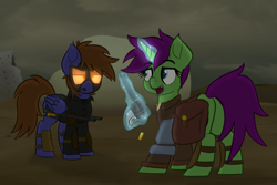 Size: 2250x1500 | Tagged: safe, artist:memeancholy, oc, oc:dauntless, oc:six-shooter, pony, fallout equestria, armor, bag, battle saddle, clothes, cloud, cloudy, dashite, enclave, enclave armor, female, glowing eyes, gun, handgun, jacket, leather jacket, magic, magic glow, mare, raised eyebrow, revolver, rock, saddle bag, smug, talking, textless edit, wasteland