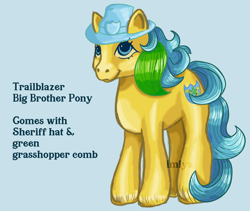 Size: 1920x1618 | Tagged: safe, artist:imiya, hitch trailblazer, earth pony, pony, g1, g5, big brother ponies, blue background, g5 to g1, generation leap, hat, male, redesign, signature, simple background, solo, stallion, text