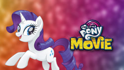 Size: 1280x720 | Tagged: safe, rarity, pony, unicorn, g4, my little pony: the movie, official, abstract background, female, mare, my little pony: the movie logo, netflix, solo