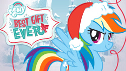 Size: 1280x720 | Tagged: safe, rainbow dash, pegasus, pony, g4, my little pony best gift ever, official, christmas, female, hat, holiday, mare, my little pony logo, netflix, santa hat, snow, solo, tree, winter