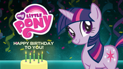 Size: 1280x720 | Tagged: safe, twilight sparkle, pony, unicorn, g4, happy birthday to you!, official, birthday cake, cake, candle, confetti, female, food, mare, my little pony logo, netflix, solo, unicorn twilight