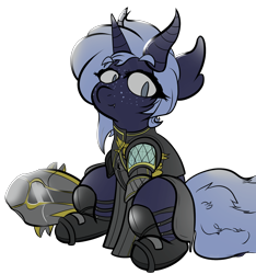 Size: 1700x1814 | Tagged: safe, artist:doegie, oc, oc only, oc:blizzard shard, pony, succubus, unicorn, armor, dark skin, destiny (video game), freckles, helmet, horn, male, multiple horns, simple background, solo, transparent background, warlock (destiny)