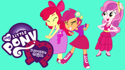 Size: 1280x720 | Tagged: safe, apple bloom, scootaloo, sweetie belle, equestria girls, g4, my little pony equestria girls, equestria girls logo, female, green background, my little pony logo, netflix, simple background, trio