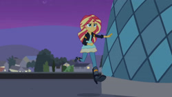 Size: 3410x1920 | Tagged: safe, screencap, sunset shimmer, equestria girls, g4, my little pony equestria girls: rainbow rocks, my past is not today, boots, canterlot high, clothes, female, high heel boots, high res, jacket, leather, leather jacket, running, shoes, solo