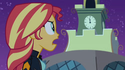 Size: 3410x1920 | Tagged: safe, screencap, sunset shimmer, equestria girls, g4, my little pony equestria girls: rainbow rocks, my past is not today, canterlot high, clothes, female, high res, jacket, leather, leather jacket, open mouth, solo