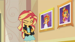 Size: 3410x1920 | Tagged: safe, screencap, sunset shimmer, equestria girls, g4, my little pony equestria girls: rainbow rocks, my past is not today, canterlot high, clothes, crossed arms, eyes closed, female, high res, jacket, leather, leather jacket, picture frame, solo