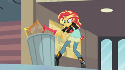 Size: 3410x1920 | Tagged: safe, screencap, sunset shimmer, equestria girls, g4, my little pony equestria girls: rainbow rocks, my past is not today, boots, canterlot high, clothes, female, high heel boots, high res, jacket, leather, leather jacket, picture frame, shoes, solo, trash can
