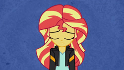 Size: 3410x1920 | Tagged: safe, screencap, sunset shimmer, equestria girls, g4, my little pony equestria girls: rainbow rocks, my past is not today, alone, blue background, clothes, eyes closed, female, high res, jacket, leather, leather jacket, sad, simple background, solo