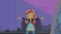 Size: 3410x1920 | Tagged: safe, screencap, sunset shimmer, equestria girls, g4, my little pony equestria girls: rainbow rocks, my past is not today, canterlot high, clothes, eyes closed, female, high res, jacket, leather, leather jacket, smiling, solo
