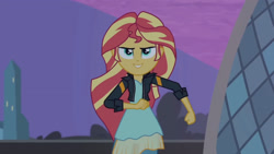 Size: 3410x1920 | Tagged: safe, screencap, sunset shimmer, equestria girls, g4, my little pony equestria girls: rainbow rocks, my past is not today, canterlot high, clothes, female, high res, jacket, leather, leather jacket, smiling, solo