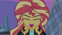 Size: 3410x1920 | Tagged: safe, screencap, sunset shimmer, equestria girls, g4, my little pony equestria girls: rainbow rocks, my past is not today, clothes, eyes closed, female, high res, jacket, leather, leather jacket, open mouth, solo