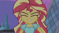 Size: 3410x1920 | Tagged: safe, screencap, sunset shimmer, equestria girls, g4, my little pony equestria girls: rainbow rocks, my past is not today, canterlot high, eyes closed, female, high res, smiling, solo