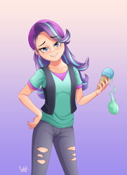 Size: 1810x2505 | Tagged: safe, artist:fadlihalimns, starlight glimmer, equestria girls, equestria girls specials, g4, my little pony equestria girls: mirror magic, beanie, clothes, dropping, food, gradient background, hair, hand on hip, hat, head tilt, holding, human coloration, ice cream, ice cream cone, jeans, lip bite, looking at you, ripped jeans, shirt, smiling, smirk, solo, teenager, vest