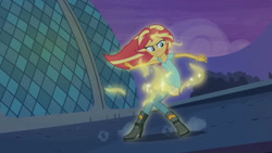 Size: 3410x1920 | Tagged: safe, screencap, sunset shimmer, equestria girls, g4, my little pony equestria girls: rainbow rocks, my past is not today, boots, canterlot high, female, high heel boots, high res, shoes, smiling, solo
