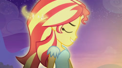 Size: 3410x1920 | Tagged: safe, screencap, sunset shimmer, equestria girls, g4, my little pony equestria girls: rainbow rocks, my past is not today, eyes closed, female, high res, smiling, solo
