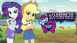 Size: 1280x720 | Tagged: safe, applejack, rarity, equestria girls, g4, my little pony equestria girls: legend of everfree, applejack's hat, camp everfree, cloud, cowboy hat, duo, equestria girls logo, female, forest, hat, my little pony logo, netflix, picnic table, table