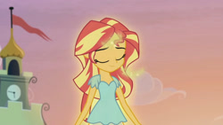 Size: 3410x1920 | Tagged: safe, screencap, sunset shimmer, equestria girls, g4, my little pony equestria girls: rainbow rocks, my past is not today, canterlot high, eyes closed, female, high res, smiling, solo, sunshine shimmer