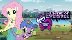 Size: 1280x720 | Tagged: safe, fluttershy, spike, spike the regular dog, dog, equestria girls, g4, my little pony equestria girls: legend of everfree, baseball cap, camp everfree, cap, cloud, duo, equestria girls logo, female, forest, hat, male, my little pony logo, netflix, picnic table, table