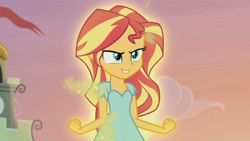 Size: 3410x1920 | Tagged: safe, screencap, sunset shimmer, equestria girls, g4, my little pony equestria girls: rainbow rocks, my past is not today, canterlot high, female, high res, smiling, solo, sunshine shimmer