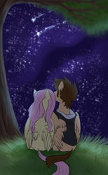 Size: 2000x3250 | Tagged: safe, artist:not-ordinary-pony, fluttershy, fanfic:kingdom hearts of harmony, g4, commission, crossover, crossover shipping, disney, fanfic art, female, high res, kingdom hearts, kingdom hearts of harmony, male, night, shipping, sora, sorashy, stars, straight, tree