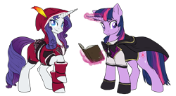 Size: 3380x1856 | Tagged: safe, artist:not-ordinary-pony, rarity, twilight sparkle, pony, fanfic:kingdom hearts of harmony, g4, book, clothes, crossover, disney, fanfic art, kingdom hearts, kingdom hearts of harmony, simple background, transparent background