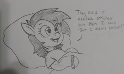 Size: 2048x1222 | Tagged: safe, artist:pony quarantine, oc, oc only, oc:filly anon, earth pony, pony, bed, dialogue, female, filly, grayscale, hospital bed, hospital gown, lying down, monochrome, pencil drawing, pillow, pun, solo, traditional art, wristband