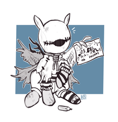 Size: 1930x2002 | Tagged: safe, artist:karamboll, pegasus, pony, black and white, crossover, foal, grayscale, identity v, limited palette, monochrome, sketch
