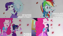 Size: 1280x720 | Tagged: safe, edit, edited screencap, editor:quoterific, screencap, pinkie pie, rainbow dash, rarity, sci-twi, twilight sparkle, equestria girls, equestria girls specials, g4, my little pony equestria girls: mirror magic, clothes, cutie mark, cutie mark on clothes, eyes closed, female, geode of shielding, geode of sugar bombs, geode of super speed, geode of telekinesis, glasses, hairpin, jewelry, magical geodes, necklace, open mouth, pac-man, ponytail