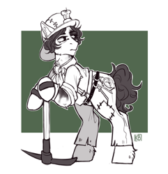 Size: 1930x2002 | Tagged: safe, artist:karamboll, earth pony, pony, black and white, crossover, grayscale, identity v, limited palette, monochrome, norton campbell, pickaxe, scar, sketch, solo, standing