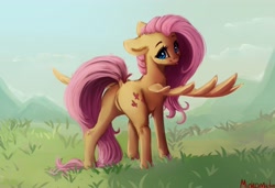Size: 3950x2695 | Tagged: safe, artist:miokomata, fluttershy, pegasus, pony, g4, :p, butt, cute, daaaaaaaaaaaw, dock, featureless crotch, floppy ears, freckles, freckleshy, grass, high res, looking back, plot, shyabetes, smiling, solo, spread wings, tail, tail aside, tongue out, wings