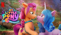 Size: 574x325 | Tagged: safe, edit, editor:pipetals, izzy moonbow, sunny starscout, earth pony, pony, unicorn, g5, my little pony: a new generation, duo, female, floppy ears, looking at each other, mare, my little pony: a new generation logo, netflix, netflix logo, out of context, ship:moonscout