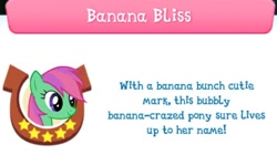 Size: 720x402 | Tagged: safe, gameloft, banana bliss, pegasus, pony, g4, cropped, female, game, introduction card, mare, smiling, text