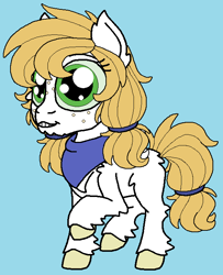 Size: 576x708 | Tagged: safe, artist:rosefang16, oc, oc only, oc:snow white apple, earth pony, pony, blue background, female, filly, fluffy, freckles, magical gay spawn, neckerchief, offspring, parent:big macintosh, parent:prince blueblood, parents:bluemac, raised hoof, simple background, solo, unshorn fetlocks