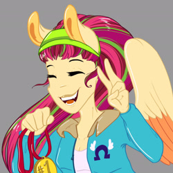 Size: 2048x2048 | Tagged: safe, artist:artfestation, oc, oc:fruit spiral shoot, pegasus, anthro, bust, clothes, cutie mark, cutie mark on clothes, eyes closed, female, gray background, high res, magical lesbian spawn, medal, offspring, parent:spitfire, parent:vapor trail, peace sign, pegasus oc, simple background, smiling, story included