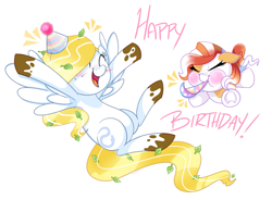 Size: 1417x1043 | Tagged: safe, artist:khimi-chan, oc, oc only, oc:cobalt tangle, pegasus, pony, duo, eyes closed, happy birthday, hat, party hat, party horn, pegasus oc, simple background, smiling, underhoof, white background, wings