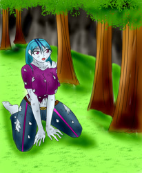 Size: 1400x1700 | Tagged: safe, artist:foxgearstudios, sonata dusk, equestria girls, g4, :o, breasts, busty sonata dusk, clothes, fanfic art, feet, female, open mouth, outdoors, solo, torn clothes, tree