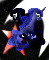 Size: 1400x1700 | Tagged: safe, artist:foxgearstudios, princess luna, alicorn, pony, fanfic:night patrol 2: awakening, g4, abstract background, clothes, crying, duo, fanfic, fanfic art, fanfic cover, female, hoof shoes, mare, palindrome get, sad