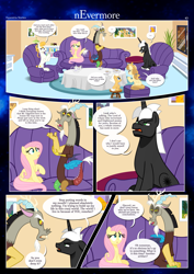 Size: 3259x4607 | Tagged: safe, artist:estories, discord, fluttershy, oc, oc:alice goldenfeather, oc:comet, oc:fable, oc:golden jewel, oc:möbius, draconequus, earth pony, pegasus, phoenix, pony, unicorn, comic:nevermore, g4, angry, book, bookshelf, brother and sister, comic, couch, cross-popping veins, cup, cushion, female, horn, lamp, male, mother and child, mother and daughter, mother and son, pegasus oc, siblings, speech bubble, table, tea kettle, teacup, unicorn oc