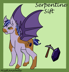 Size: 2500x2600 | Tagged: safe, artist:misskanabelle, oc, oc only, bat pony, pony, abstract background, bat pony oc, bat wings, ear fluff, fangs, gem, high res, male, pickaxe, reference sheet, solo, spread wings, stallion, wings