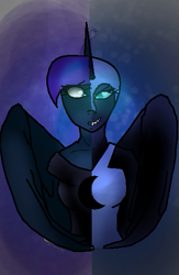 Size: 343x526 | Tagged: safe, artist:aonairfaol, nightmare moon, princess luna, alicorn, anthro, g4, abstract background, bust, duality, horn, split screen, wings