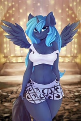 Size: 1333x2000 | Tagged: safe, artist:pink-pinktooth, princess luna, alicorn, anthro, breasts, clothes, complex background, cutie mark on clothes, female, midriff, off shoulder, short shirt, shorts, solo
