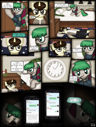 Size: 1750x2333 | Tagged: safe, artist:99999999000, oc, oc only, oc:cwe, oc:li anna, pegasus, pony, comic:visit, bed, cellphone, clothes, comic, female, glasses, male, phone, smartphone