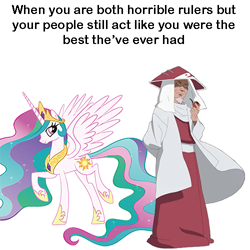 Size: 500x500 | Tagged: safe, princess celestia, alicorn, human, pony, g4, background pony strikes again, drama, meme, naruto, op is a duck, op is on drugs, op is trying to start shit, pipe, ron the death eater, sarutobi hiruzen