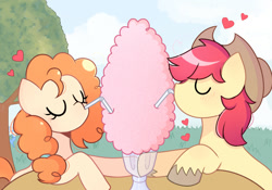 Size: 1000x700 | Tagged: safe, artist:arwencuack, bright mac, pear butter, pony, g4, the perfect pear, bright mac's hat, brightabetes, cowboy hat, cute, drinking straw, duo, eyes closed, female, food, franshushu is trying to murder us, hat, heart, holding hooves, male, pearabetes, scene interpretation, sharing a drink, ship:brightbutter, shipping, sipping, straight, tree, unshorn fetlocks, weapons-grade cute
