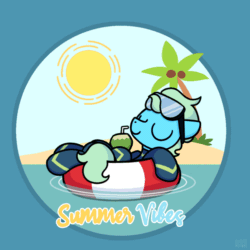 Size: 1000x1000 | Tagged: safe, artist:sugar morning, oc, oc only, oc:sea glow, pony, animated, beach, commission, dive mask, drink, eyes closed, inner tube, ocean, palm tree, relaxing, solo, sugar morning's summer vibes, sun, tree, wetsuit, ych animation, ych result