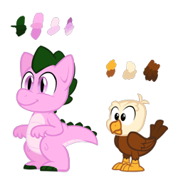 Size: 1600x1600 | Tagged: safe, artist:tarkan809, spike (g1), weston, bird, dragon, eagle, g1, g4, baby eagle, duo, duo male, g1 to g4, generation leap, male, reference sheet, simple background, style emulation, transparent background, vector