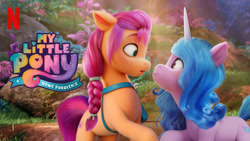 Size: 1280x720 | Tagged: safe, izzy moonbow, sunny starscout, earth pony, pony, unicorn, g5, my little pony: a new generation, official, badge, bag, duo, eye contact, female, looking at each other, mare, my little pony: a new generation logo, netflix, netflix logo, out of context, polish, satchel